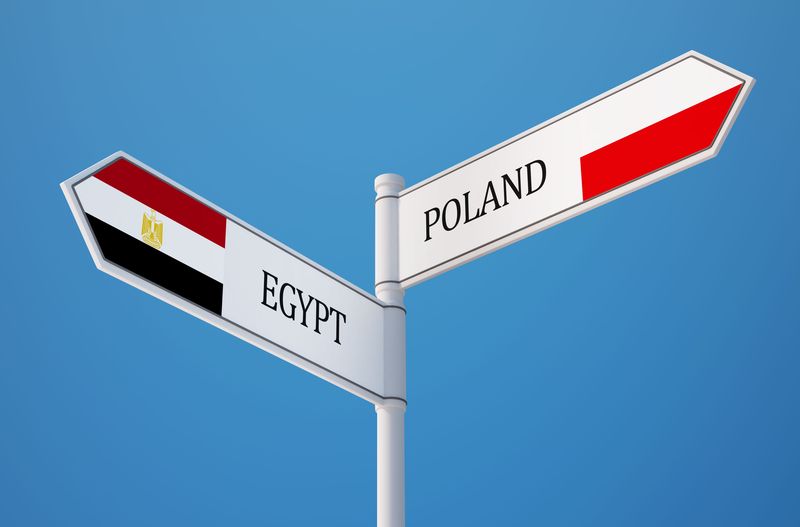 Rynki arabskie szansą dla polskich przedsiębiorców - drogowskaz z napisami i flagami Poland i Egypt