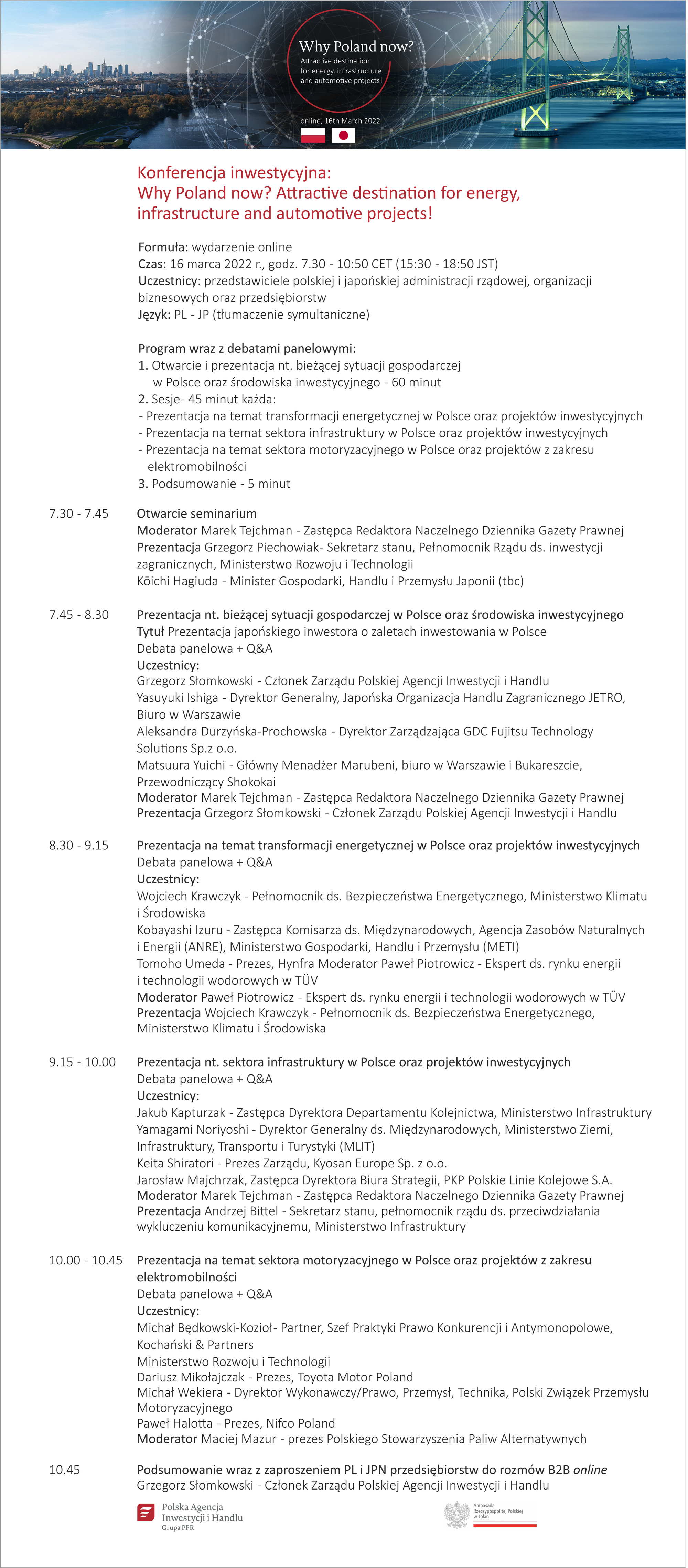 Konferencja inwestycyjna - Why Poland now? Attractive destination for energy, infrastructure and automotive projects! - agenda