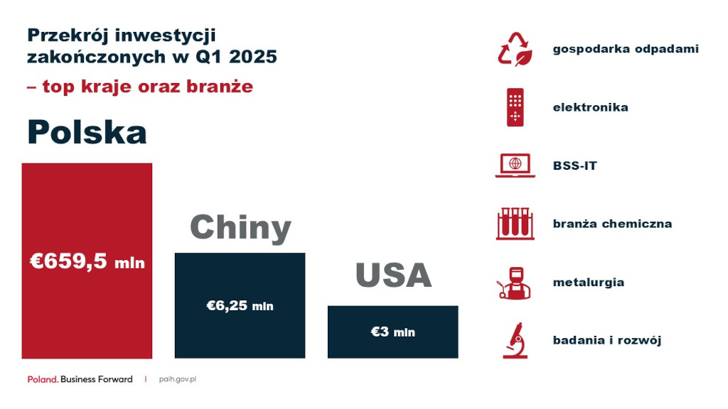 Przekrój inwestycji zakończonych w Q1 2025 - top kraje oraz branże
